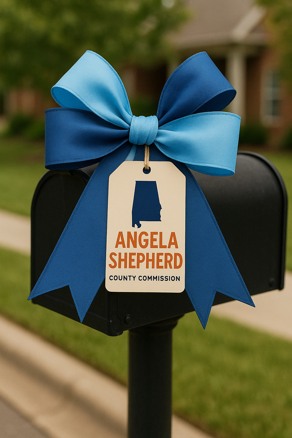 Angela Shepherd yard sign on a mailbox with a blue bow